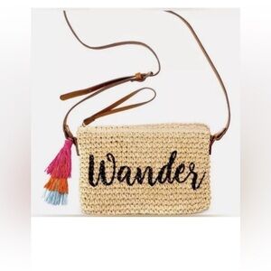 INC Wander Woven Crossbody Bag Multicolor Tassel zip closure brown leather strap